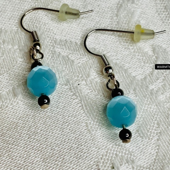 Blue Angelite & Black Small & Dainty Fishhook Earrings 1” Handmade NEW - Picture 1 of 5